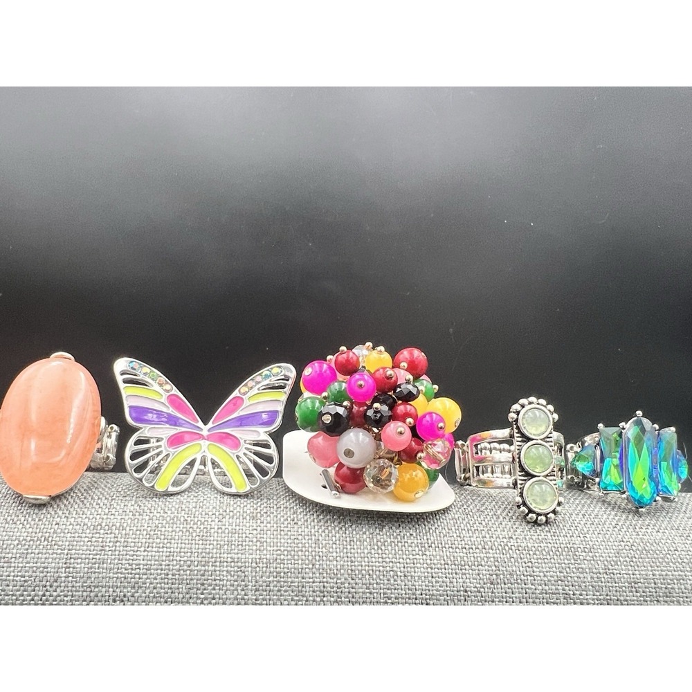 Stretch Ring Lot 5pc Butterfly Beaded Crystal Size OSFM Eclectic